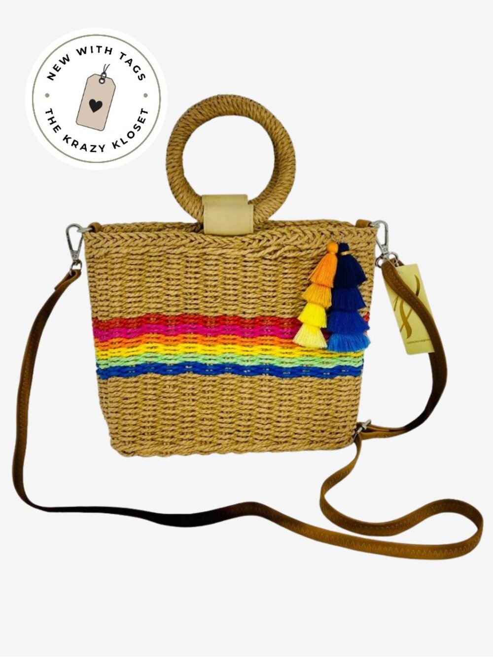 Rainbow Woven Mini Bag NWT Tassel Straw Crossbody Tote w Colorful Stripe Details